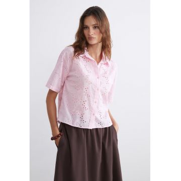 Camasa de bumbac cu broderie Sangallo - Roz