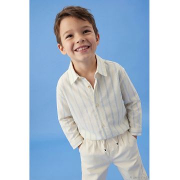 Camasa din amestec de bumbac cu model in dungi - Alb fildes/Albastru lavanda