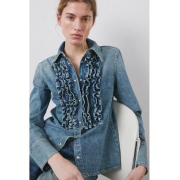 Camasa din denim cu garnituri cu volane - Albastru stins