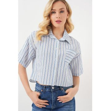 Camasa scurta HiCCUP cu dungi - buzunar - albastra - textil