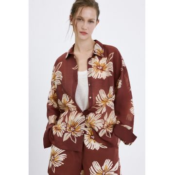 Camasa supradimensionata din amestec de lyocell cu model floral - Rosu stins/Bej deschis