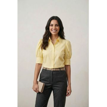 Camasi dama -  camasa din poplin - galben lamaie - cu nasturi - 62% poliester - 35% viscoza - 3% elastan