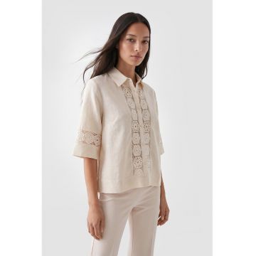 Tricou din bumbac cu detaliu crosetat - Alb fildes
