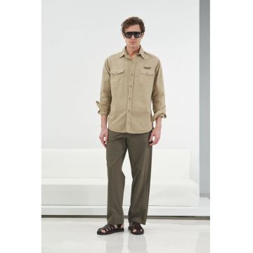 Camasa barbati -  bumbac - casual - bej natural - cu buzunar