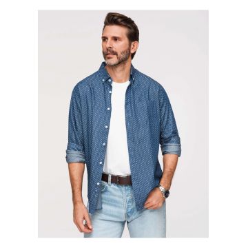 Camasa Barbati Denim Regular Fit cu Guler Button Down - Albastru inchis