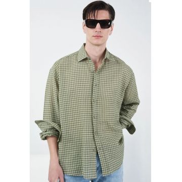 Camasa barbati -  Relaxed Plaid - verde kaki - bumbac cu lycra