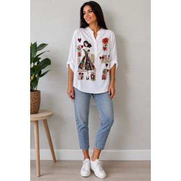 Camasa bumbac LARYSS, imprimeu collage si maneca reglabila, Blue Girl Retro, Marime S/M/L