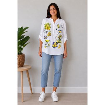 Camasa bumbac LARYSS, imprimeu collage si maneca reglabila, Lemon, Marime S/M/L