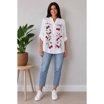 Camasa bumbac LARYSS, imprimeu collage si maneca reglabila, RED Cherry, Marime S/M/L