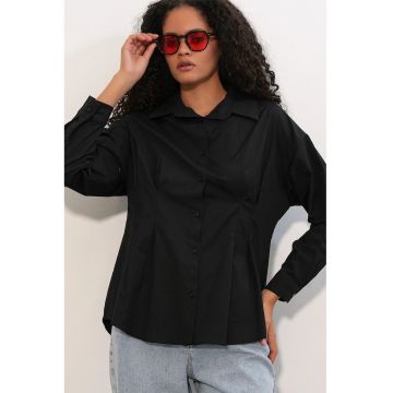 Camasa  cambrata cu nasturi - neagra - din poplin - bumbac - poliester - elastan