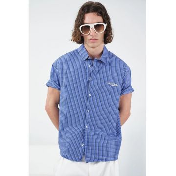 Camasa casual barbati  imprimeu in carouri - albastru Moroccan - bumbac - maneca scurta -