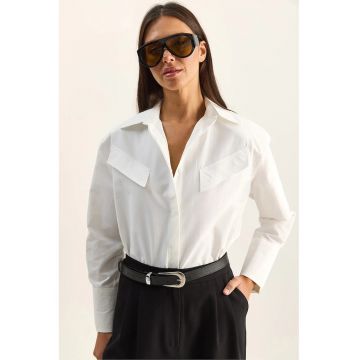 Camasa casual -  poplin - maneca lunga - alb - bumbac si poliester - cu buzunar