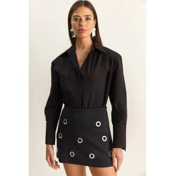 Camasa casual -  poplin - maneca lunga - negru - bumbac si poliester