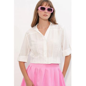 Camasa crop  supradimensionata - alb - amestec de viscoza si nailon - maneci scurte