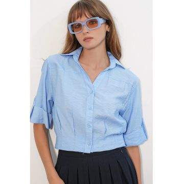 Camasa crop  supradimensionata - maneci scurte - albastru - amestec de viscoza si nylon