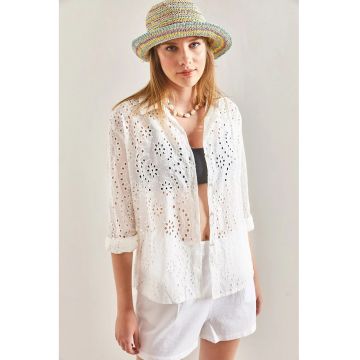 Camasa  cu broderie - alb - poliester-bumbac - maneci trei sferturi - croiala regular-fit