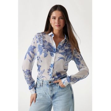 Camasa cu imprimeu floral - Albastru royal/Alb murdar