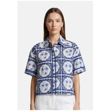 Camasa cu maneci scurte si imprimeu tropical - Bleumarin