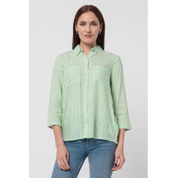Camasa cu model in dungi si maneci trei sferturi - Alb/Verde deschis