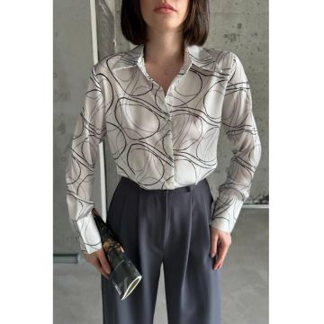 Camasa dama -  camasa cu imprimeu geometric - alb - poliester - maneca lunga