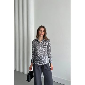 Camasa dama -  camasa cu imprimeu leopard - gri - poliester - maneca lunga