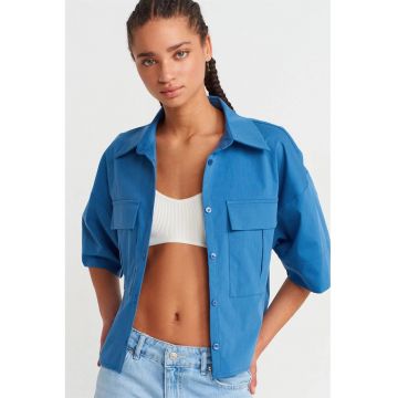 Camasa dama -  camasa supradimensionata scurta - albastru cerulean - poliester-viscoza-elastan -