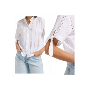 Camasa De Dama -  Marimea Xs - Alb - Camp Tie Sleeve Button Up - Croiala Regular Fit - Model Drept Regular - Inchidere Nasturi