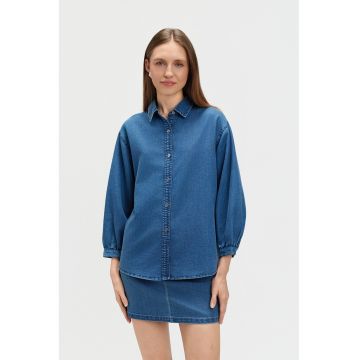 Camasa din chambray cu maneci 3/4 - Albastru