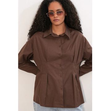 Camasa  din poplin cambrata cu nasturi - maro - bumbac/poliester/elastan - maneci lungi