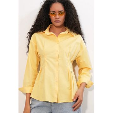Camasa  din poplin galben lamaie - ajustata - cu maneci lungi - guler clasic - bumbac - poliester - elastan -