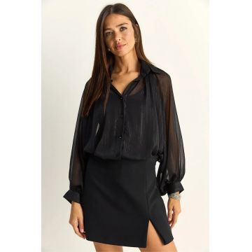 Camasa Femei -  camasa lejera din sifon din bumbac - neagra - cu maneci lungi - guler clasic -
