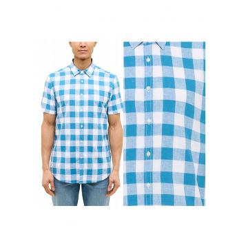Camasa lejera de barbati -  Marimea 2XL - Albastru - Stil Berkeley - Croiala clasica regulara dreapta - Inchidere cu nasturi - Combinatie ideala de materiale naturale 55% bumbac si 45% in fin