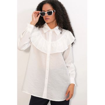 Camasa lunga  detalii cu volane - alb - viscoza si nailon - stil casual