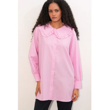 Camasa  lunga - regular fit - roz - poliester-elastan - detalii cu volanase