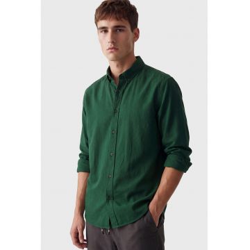 Camasa Oxford din amestec de in - Verde padure
