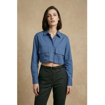 Camasa scurta cu nasturi si buzunar  albastru cobalt - 100% bumbac - pentru femei