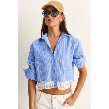 Camasa scurta -  dungi - alb-albastru - bumbac-poliester - maneci lungi -