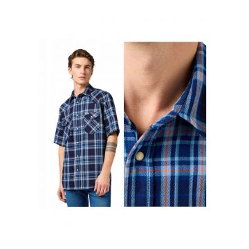 Camasa stil western pentru barbati -  Marimea S - Albastru - Model SS WESTERN SHIRT cu maneca scurta - Croiala standard regular fit - Material 100% bumbac rezistent - Un buzunar frontal