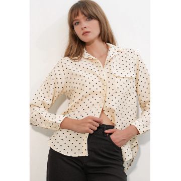 Camasa supradimensionata  crem - viscoza si nailon - imprimeu cu buline - maneci lungi - guler clasic