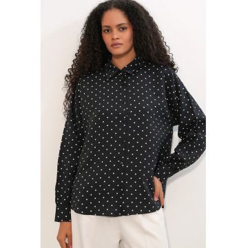 Camasa  supradimensionata cu buline - neagra/alba - din crep - maneci lungi - casual -