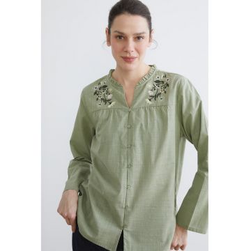 Camasa-tunica de bumbac cu broderie florala - Verde pal