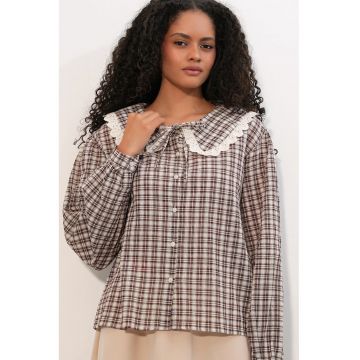 Camasi -  camasa din poplin de viscoza cu carouri - multicolor - maneci lungi - detalii cu snur