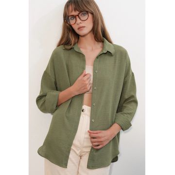 Camasi dama -  camasa brodata cu maneca lunga - verde salvie - 70% viscoza - 30% in