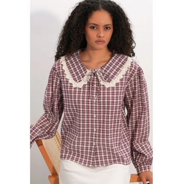 Camasi dama -  camasa cu carouri - rosu burgund - 100% viscoza - maneca lunga