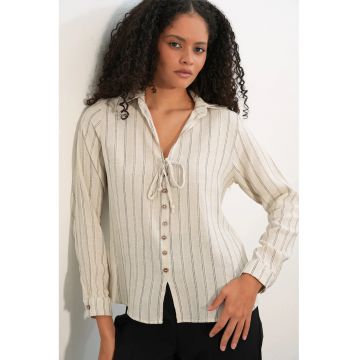 Camasi dama -  camasa din amestec de in cu dungi - crem natural - casual - maneca lunga -