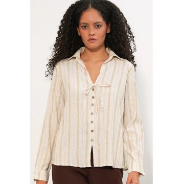 Camasi dama -  camasa din amestec de in cu dungi - crem natural - casual