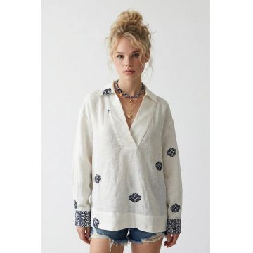 Camasi dama -  camasa din bumbac supradimensionata - broderie - alb prafuit - lungime maneca lunga -
