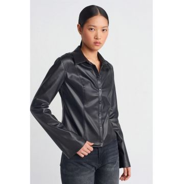 Camasi dama -  camasa slim fit din piele ecologica - negru - eleganta - maneca lunga