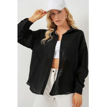 Camasi dama -  camasa texturata cu maneca lunga - negru - material textil