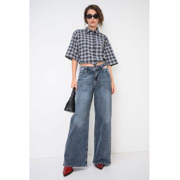 Camasa crop cu guler clasic - Alb/Negru